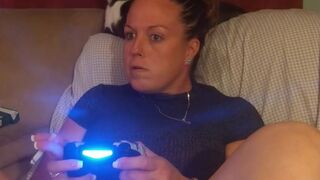 Sexy Step Mom Secretary Upskirt Teasing Spreading Legs Wide and Smoking While Playing Video Games